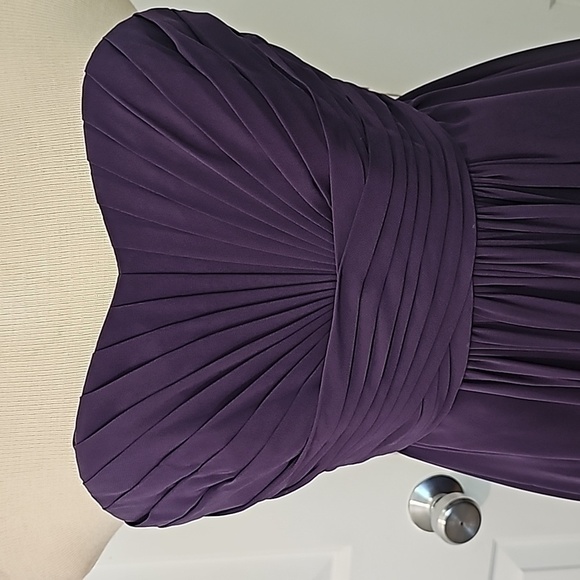Purple strapless gown size 2. Sheer overlay. Fitted at the bust. DAVIDS… - Picture 2 of 13